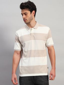 Cantabil - Men Cream Polycotton Stripes Regular Fit Polo T-Shirt