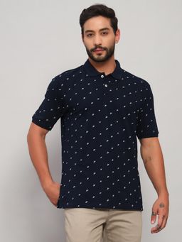 Cantabil - Men Navy Blue Polycotton Printed Regular Fit Polo T-Shirt