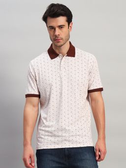 Cantabil - Men Cream Polycotton Printed Regular Fit Polo T-Shirt