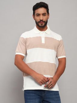 Cantabil - Men Beige Polycotton Colorblock Regular Fit Polo T-Shirt