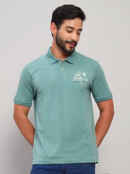 Cantabil - Men Teal Polycotton Printed Regular Fit Polo T-Shirt