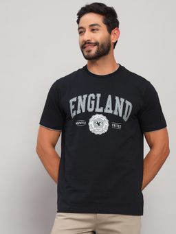Cantabil - Men Navy Blue Polycotton Printed Regular Fit T-Shirt