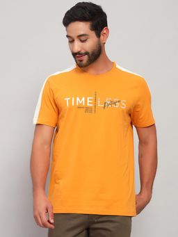 Cantabil - Men Mustard Polycotton Printed Regular Fit T-Shirt