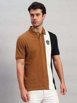 Cantabil - Men Brown Polycotton Colorblock Regular Fit Polo T-Shirt