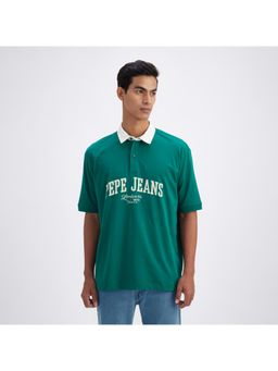Pepe Jeans - Men Green Pure Cotton Typography Oversized Fit Polo T-Shirt