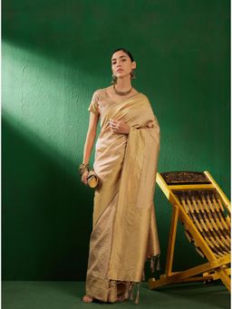 Suha - Womens Traditional Beige Woven Tassels Saree with Unstitched Blouse