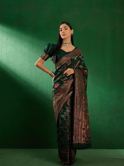 Suha - Womens Traditional Green Woven Saree with Unstitched Blouse