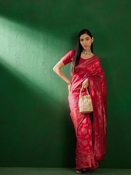 Suha - Womens Traditional Rani Pink Woven Saree with Unstitched Blouse