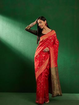 Suha - Womens Traditional Red Woven Saree with Unstitched Blouse