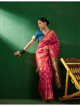 Suha - Womens Pink Floral Woven Saree with Unstitched Blouse