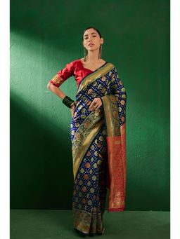 Suha - Womens Navy Blue Floral Woven Saree with Unstitched Blouse