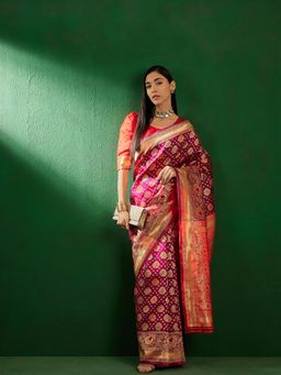 Suha - Womens Wine Floral Woven Saree with Unstitched Blouse