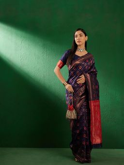 Suha - Womens Traditional Navy Blue Woven Saree with Unstitched Blouse