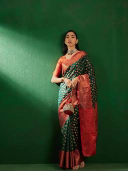 Suha - Womens Traditional Green Woven Saree with Unstitched Blouse
