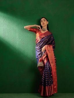 Suha - Womens Traditional Navy Blue Woven Saree with Unstitched Blouse