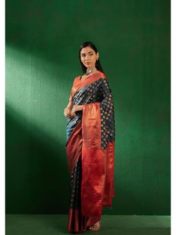 Suha - Womens Traditional Teal Woven Saree with Unstitched Blouse
