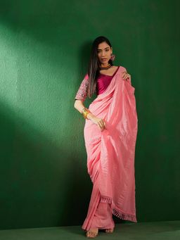 Suha - Womens Salmon Pink Solid Saree with Unstitched Blouse