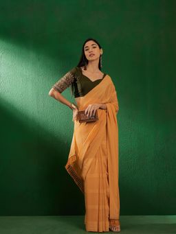 Suha - Womens Mustard Solid Saree with Unstitched Blouse