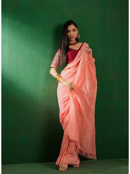 Suha - Womens Peach Solid Saree with Unstitched Blouse