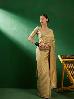 Suha - Womens Traditional Beige Floral Woven Saree with Unstitched Blouse