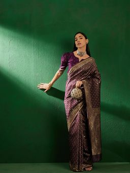 Suha - Womens Traditional Purple Floral Woven Saree with Unstitched Blouse