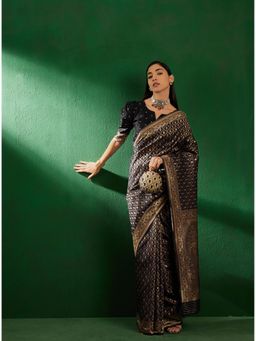 Suha - Womens Traditional Black Floral Woven Saree with Unstitched Blouse