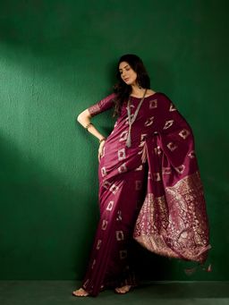 Suha - Womens Traditional Wine Woven Tassels Saree with Unstitched Blouse