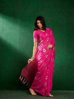 Suha - Womens Traditional Fuchsia Pink Woven Saree with Unstitched Blouse