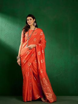 Suha - Womens Traditional Orange Woven Saree with Unstitched Blouse
