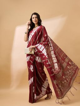 Suha - Womens Maroon Tie-Dye Woven Saree with Unstitched Blouse