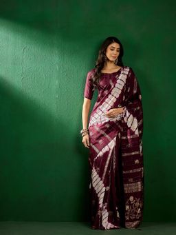 Suha - Womens Wine Tie-Dye Woven Saree with Unstitched Blouse