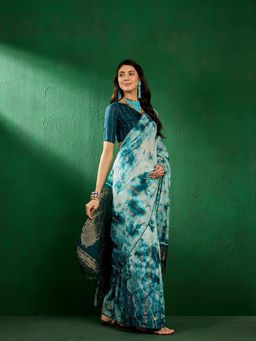 Suha - Womens Blue Tie-Dye Woven Saree with Unstitched Blouse