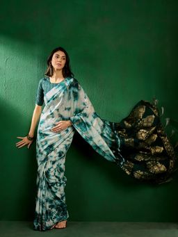 Suha - Womens Tie-Dye Green Woven Saree with Unstitched Blouse
