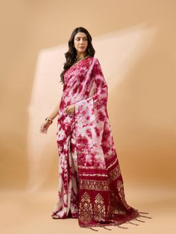Suha - Womens Tie-Dye Red Woven Saree with Unstitched Blouse