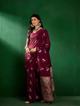 Suha - Womens Wine Woven Tassels Saree with Unstitched Blouse