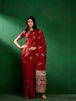 Suha - Womens Maroon Woven Tassels Saree with Unstitched Blouse