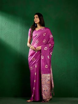 Suha - Womens Traditional Purple Woven Tassels Saree with Unstitched Blouse