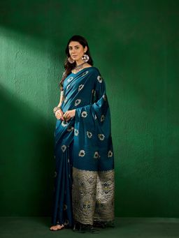 Suha - Womens Traditional Teal Woven Tassels Saree with Unstitched Blouse