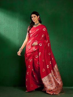 Suha - Womens Traditional Red Woven Tassels Saree with Unstitched Blouse