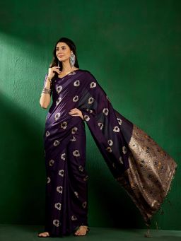 Suha - Womens Traditional Navy Blue Woven Tassels Saree with Unstitched Blouse