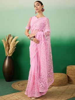 Suha - Womens Pink Embroidered Saree with Unstitched Blouse