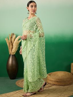 Suha - Womens Pista Green Embroidered Saree with Unstitched Blouse
