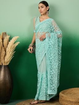 Suha - Womens Sky Blue Embroidered Saree with Unstitched Blouse