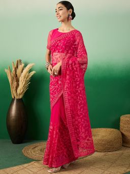 Suha - Womens Hot Pink Embroidered Saree with Unstitched Blouse