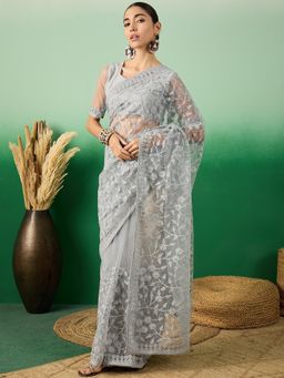 Suha - Womens Grey Embroidered Saree with Unstitched Blouse