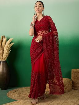 Suha - Womens Maroon Embroidered Saree with Unstitched Blouse