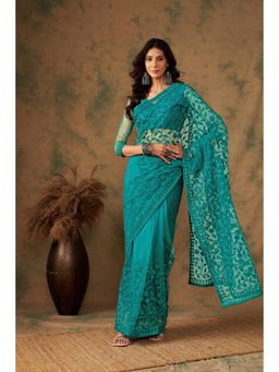 Suha - Womens Teal Embroidered Saree with Unstitched Blouse