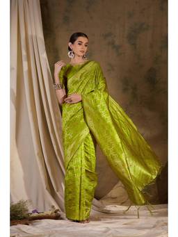 Suha - Womens Traditional Olive Woven Tassels Saree with Unstitched Blouse