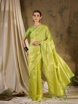 Suha - Womens Traditional Pista Green Woven Tassels Saree with Unstitched Blouse