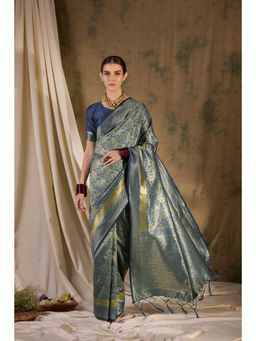 Suha - Womens Traditional Navy Blue Woven Tassels Saree with Unstitched Blouse